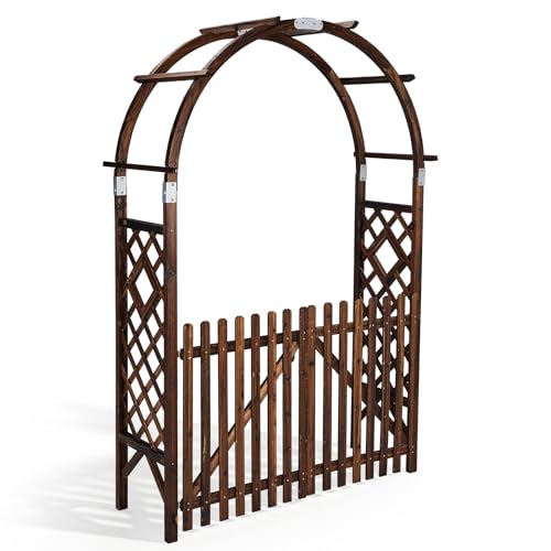 VINGLI Wooden Garden Arbor, Heavy Duty Outdoor Frame Trellis with Gate for Ceremony, Wood Trellis Garden Arch Pergola for Plant Climbing, Patio, Lawn, Wedding