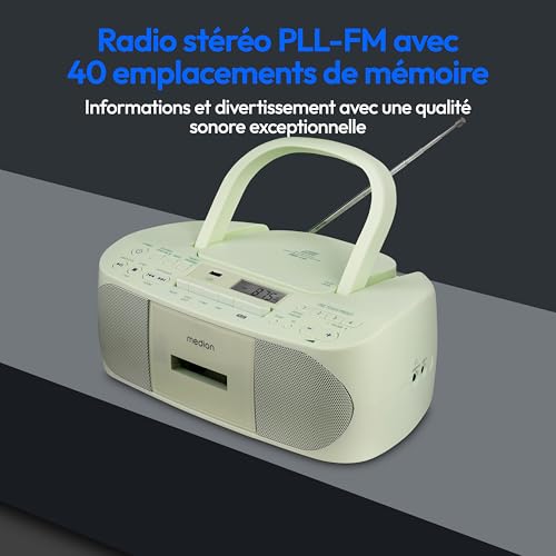 MEDION E65010 Radio stéréo (Lecteur CD, Cassette, Port USB, entrée Audio AUX, Lecture MP3. Radio FM PLL,40 mémoires de Stations, Fonctionnement sur Piles, télécommande) Vert