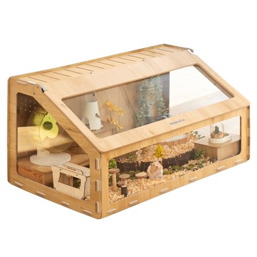 MEWOOFUN Jaula de Madera para Hámster Con Puerta de Apertura Oblicua, Hábitat Con Escalera de Escalada para Jerbos Sirios u Otras Mascotas Pequeñas