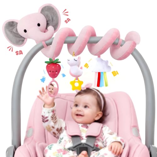Image of Spiral Car Seat Toys for Baby Girls 0-6 Months, Cute Pink Elephant Strawberry Stuff, Perfect Newborn Shower Gifts for Girls Essentials