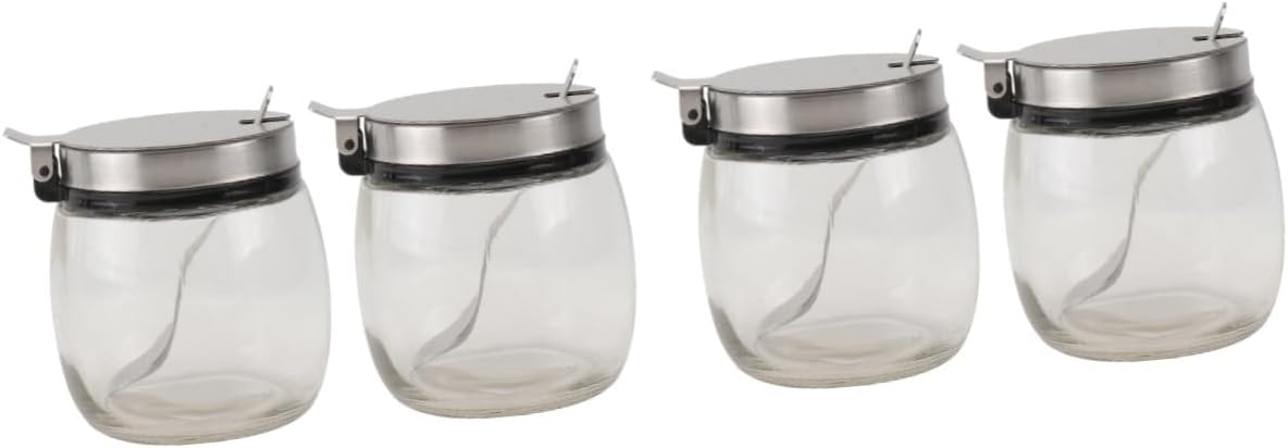 4 Pcs Seasoning Jar with Spoon Variety of Condiments Sugar Jars with Lid and Spoon Salt and Pepper Bowls Salt Jar with Glass Condiment Pot Spice Jars Kitchen Jar Storage Ca