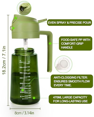 Miniatura 2 de Aceitera Spray Pulverizador 470ml, Dispensador de Aceite 2 en 1, Pulverizador Aceite Oliva de Vidrio Bloquea Luz, Aceitera Antigoteo Spray para Cocina, Freidora de Aire, Ensalada y BBQ (Verde)