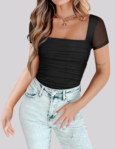 Chunpin Women's Mesh Square Neck Bodysuit Short Sleeve Long Sleeve Going Out Tops Thong Bodysuits Outfits4