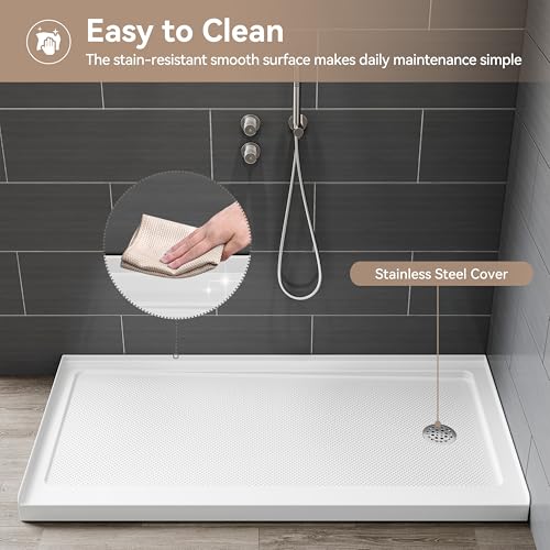 Image of HOROW 60 inch x 30 inch Shower Base, Right Drain Shower Pan, Low Profile Acrylic Base with Reinforced Fiberglass, Non-Slip Surface, Stainless Steel Drain Cover, Leak-Resistant for Bathroom