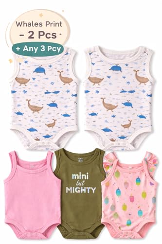 Image of TuddyBuddy 100% Cotton Multicolor Sleeveless Camisole Rompers /Bodysuits for Baby Girl (Pack of 5, 2 Whales 3 Multi, 3-6 Months)