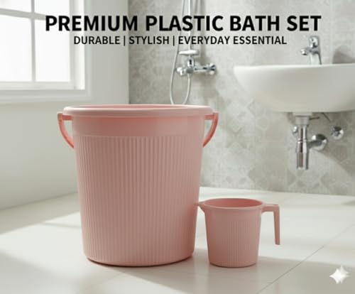 Image of MODWARE Plastic Bucket Set with Mug, 20L Bucket with 1L Mug, Polypropylene, Round Shape, (Pink, 20 L)
