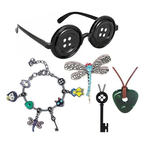 XUEZHIBAO 5PCS Coraline Costume Cosplay Set - Charms Bracelet, Dragonfly Hair Clips, Key Necklace, Seeing Stone Necklace, Button Eyes Glasses - Halloween Gifts Accessories (Set A)