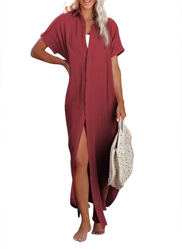 Image of Dokotoo Womens Long Cardigans Swimsuit Cover Ups Summer Beach Dress | Beach Vacation Clothes，Button Down Long Kimonos Cardigan，Side Split，Loose Fit Bathing Suit，Swimsuit Coverups Summer Dresses