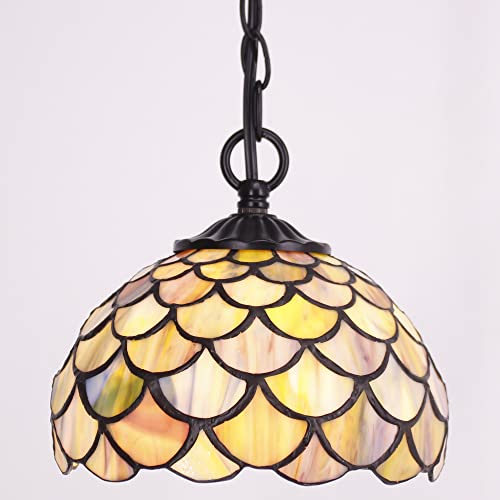 Rhlamps Tiffany Plug-In Pendant Light With W8H7 Inch Green Stained Glass Shade, Vintage Style Black Metal Hanging Lamp, Luxury Ceiling Fixture For Living Room Bedroom Kitchen Dining Room Office #TOP4