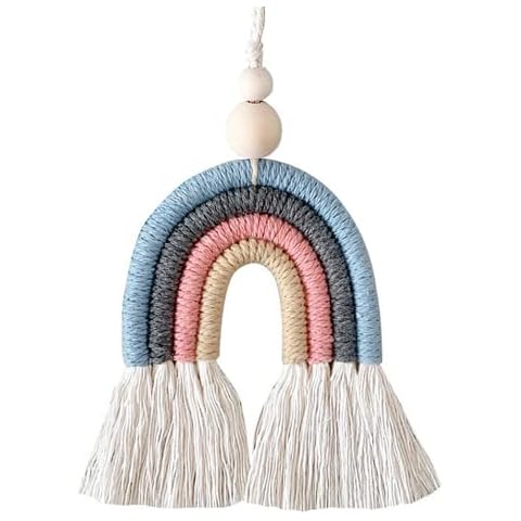 Macrame Rainbow Handmade Car Charm Rainbow Hand Woven Pendant Rainbow Room Decoration Car Mirror Hanging Ornament Interior Rearview Mirrors Decoration Accessories Cover
