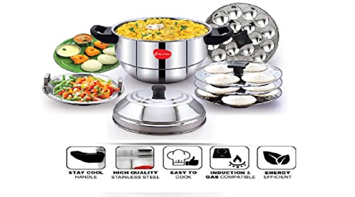Image of KLASSI KICHEN Stainless Steel Idli Cooker with 3 Plates & 1 Mini Idli Plate |Idli Steamer with Bakelite Handle |Gas Stove & Induction Compatible |Idli Dhokla & Modak Maker | Kitchen Accessories | Silver