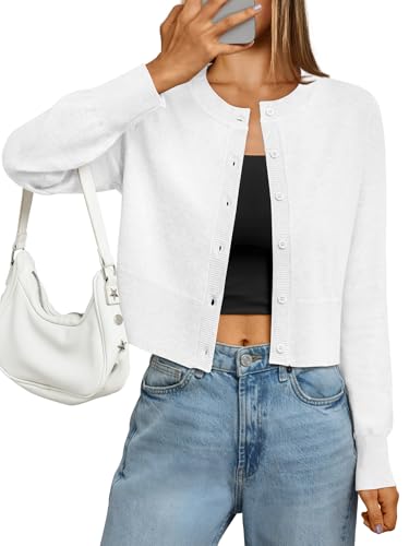 LILLUSORY Cropped Lightweight Cardigan Sweaters for Women Crew Neck Summer Clothes Fashion Spring Outfits 2026 White S