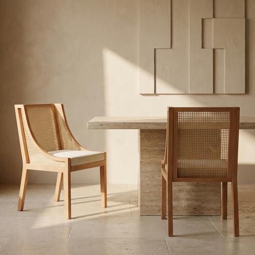 EVERLUNE Mid Century Modern Dining Chairs Set of 2, Rattan Dinning Chair with a Square Back, Cream Cane Dining Chair, Linen Upholstered Kitchen and Dining Room Chairs, Sillas para Comedor