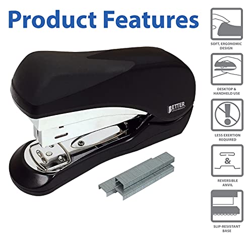 Image of Better Office Products Heavy Duty Easy Grip Stapler, Effortless, with 1,000 Regular 1 /4 inch Staples, High Capacity Compact Palm of Your Hand Size, Ergonomic Soft Grip