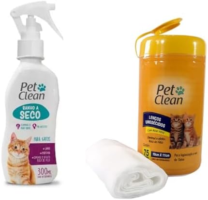 Kit Banho a Seco e Lenço umedecido para Gatos Limpeza Prática Neu...