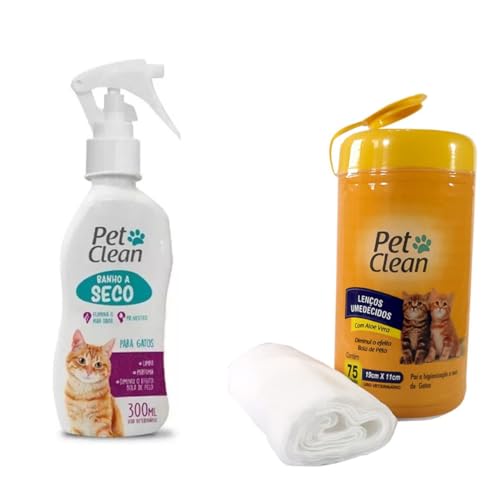 Kit Banho a Seco e Lenço umedecido para Gatos Limpeza Prática Neutralizador de Odor Pelos Brilhosos