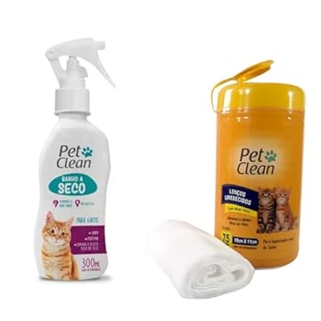 Kit Banho a Seco e Lenço umedecido para Gatos Limpeza Prática Neutralizador de Odor Pelos Brilhosos Diminui Bola de Pelo