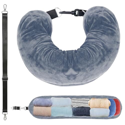 HAMKU Almohada de viaje, Cojin viaje cuello, Almohada Viaje Rellenable Ropa,Terciopelo de Cristal Almohada Avion,MultifuncióN Portátil Cuello Viaje,con Bandolera Desmontable (Gris oscuro)