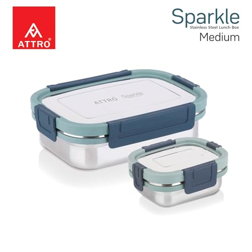 Image of ATTRO Sparkle Medium Stainless Steel Lunch Box 2-Piece Set - 800ml + 150ml - Leak-Proof, BPA-Free, Compact & Durable - Ideal for Kids, Office, Travel - Green