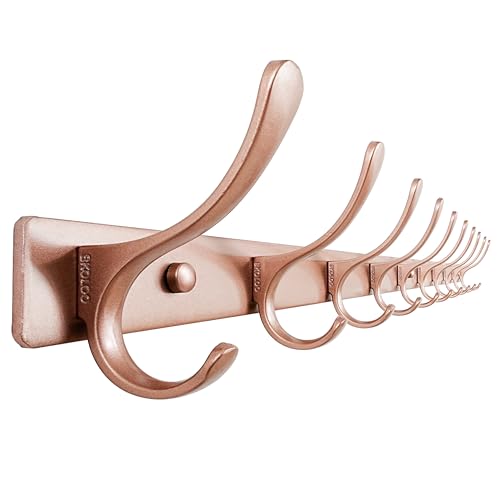 SKOLOO Coat Rack Wall Mounted - 10 Hooks, Heavy Duty, Stainless Steel, Metal Wall Hanger, Sturdy Coat Hooks for Hanging Coats, Jacket, Clothes, Hat, Matte Rose Gold