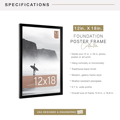 Image of MCS Foundation 12x18 Poster Frame Traditional Black, Vertical & Horizontal Wall Hanging Large Picture Frame for Photos, Posters & Art Prints (1-Pack)