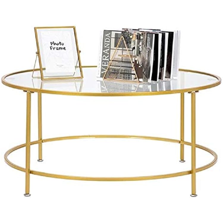 36 Round Coffee Table, 5mm Thick Tempered Glass Counter-top Round Wrought Iron Table, Glass Coffee Tables for Living Room (Gold)