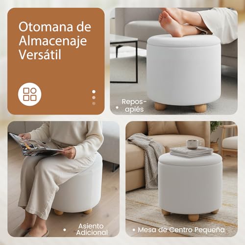 COSTWAY Puff Almacenaje Redondo de 35 L, 44,5x44,5 cm, Taburete Tocador Tapizado en Tejido de Chenilla con Tapa Extraíble, Patas de Madera de Caucho, Reposapies Salon, Entrada, Carga 150 kg (Blanco) - imagen 6