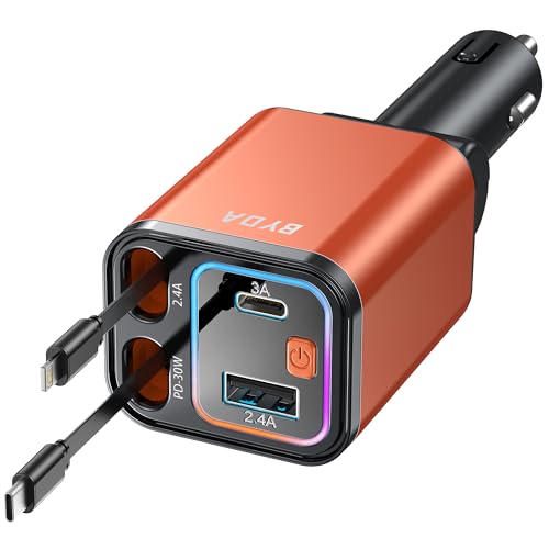 4 in 1 Retractable Car Charger with Starry Light,69W Cigarette Lighter Charger,USB C Fast Car Charger for iPhone 17 Pro Max 16 15 14 13 12 11 (for Apple+Type C &RGB Breathing Light [Orange])