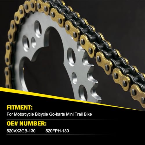 Image of Gold 520 X-Ring Motorcycle Chain 130 Links for Motorcycle Bicycle Go-Karts Mini Trail Bike with Connecting Master Link - Enhanced Durability & Universal Fit