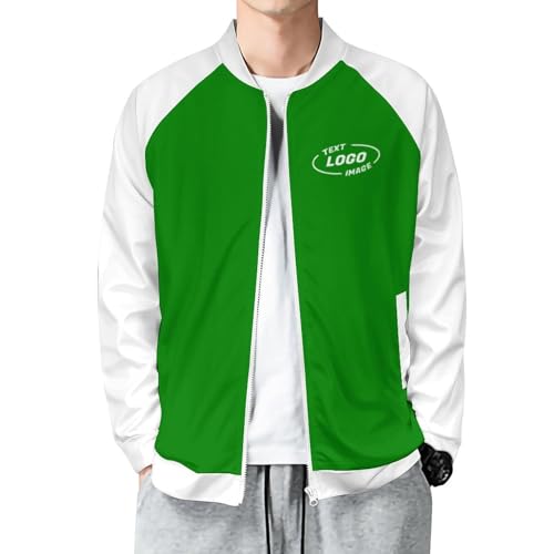 Custom Jacket for Men Personalized Customied Zipper Coat Sweatershirts Gifts with Text Logo Picture for Outdoor Sports, Party Game, Casual Wearing, Green, M