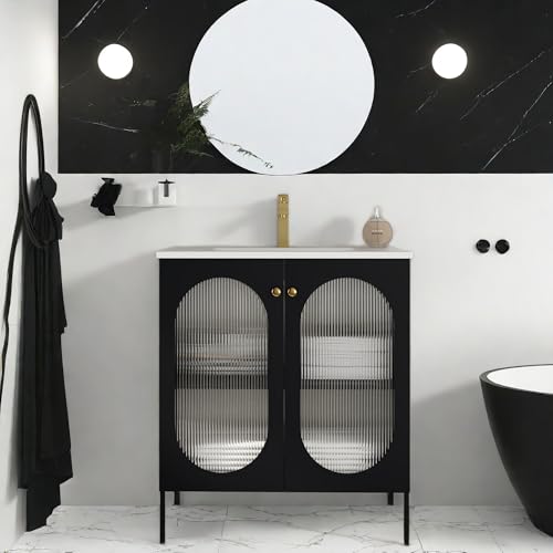 ChicFurnit 30 Inch Freestanding Bathroom Vanity with Ceramic Sink, Modern Design Bathroom Vanities with Acrylic Material Cabinet Door, Pedestal Sink Cabinet for Bathroom, Black by ChicFurnit - Image 5