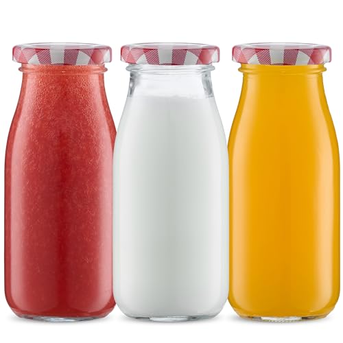 Danmu Art 3Pcs 250ml Glass Milk Bottles with Pretty Gingham Lids, Small Glass Jars for Decoration - Little Milk Juice Bottles (Red-Gingham)