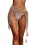 Geyoga Women Crochet Cover-ups Skirt Triangle Shawl Mermaid Skirt Hollow out Swimwear Shell Beach Fishnet Wrap(Khaki)