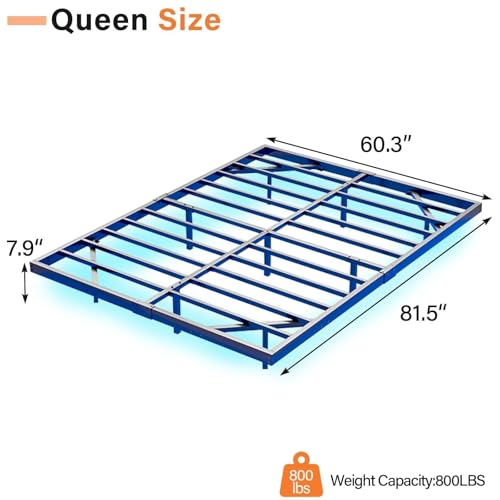 HOMBCK Floating Bed Frame Queen Size with LED Lights, Metal Platform Queen Bed, Under Bed Storage, Steel Slats, No Box Spring Needed, Easy Assembly, Black