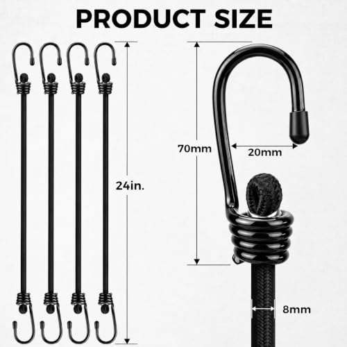 Image of 4-Piece 24 Inch Bungee Cords with Hooks, Heavy Duty Outdoor Elastic Bungee Straps, Industrial Grade Bungee Cord for Securing Tarps, Luggage, Tents, Bikes or Garden Tidying