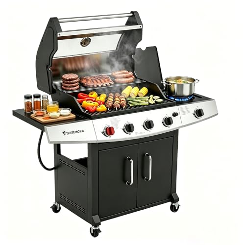Image of 5 Burners Propane Gas Outdoor Grill 62000 BTU | High Power Sear Burner, Built-In Thermometer, Viewing Window, Removable Grease Tray, Warming Rack