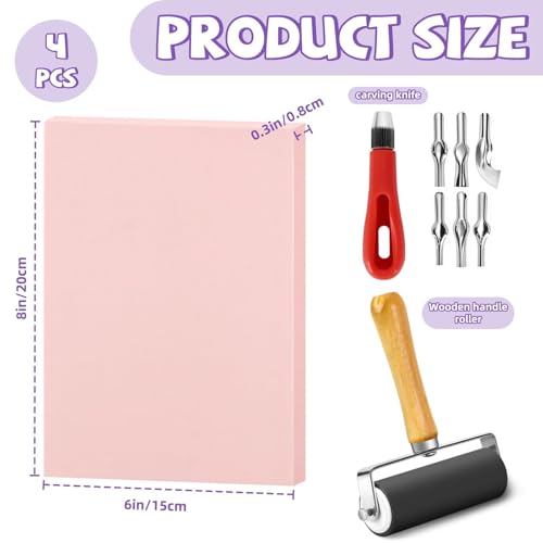 Image of 6 Pack Linocut Kit for Printmaking, 4 Pcs Rubber Stamp Carving Blocks