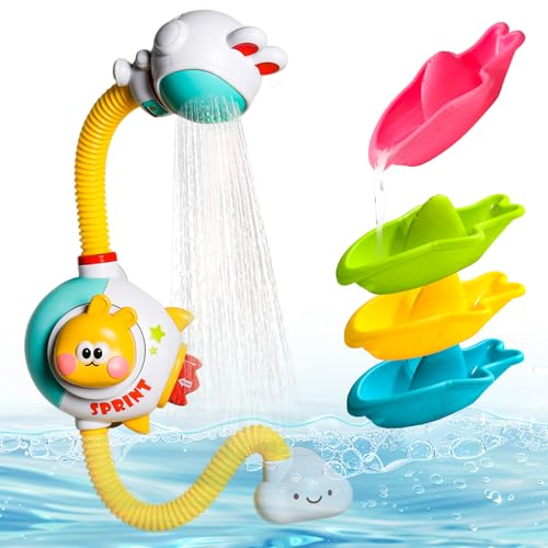 Toddler Bath Toys for Kids Ages 1-3 Baby Bath Shower Head Sprayer for Bathtub Toys-4 Stackable Shark Toy Boats with Bath Toys for Toddlers 1 2 3 4 Year, Water Table & Pool Play(6-12 Months+)