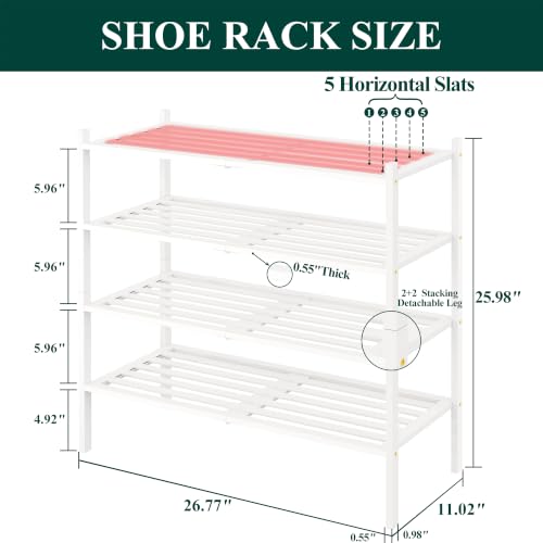 Image of Smiry Bamboo Shoe Rack, 5 Horizontal Slats, 4 Tier - 26.8 inch Wide, White