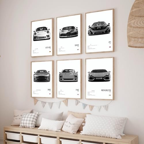 6Pcs Black & White Sports Car Posters Supercar Canvas Prints 8x12 Unframed - 3