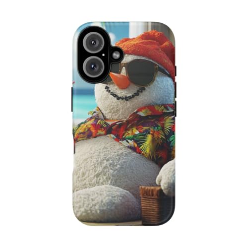 Coque rigide iPhone 16 bonhomme de neige hawaïen look fun et décalé fond blanc mat