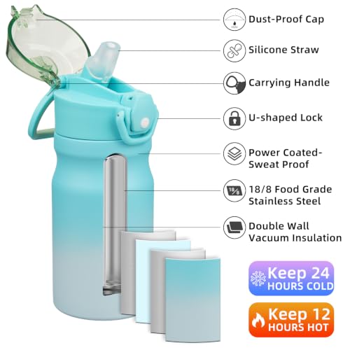 Image of BJPKPK 14 oz Insulated Water Bottle, Straw, Handle, Stainless Steel Flask | Leak Proof Locking Lid, Double Wall Vacuum, Keeps Hot /Cold, BPA Free, Dishwasher Safe, Travel & Sports, Sea Salt