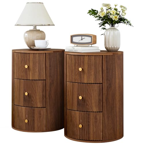 FurSch Fully Assembled Round End Table with 3 Storage Drawers, 15.75”Mid Century Side Table for Living Room, 3 Drawers Nightstand for Bedroom, Circle Sofa Bedside Table (Walnut-2 pcs)