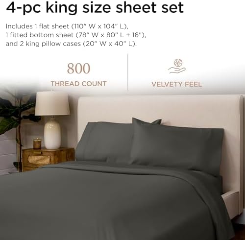 Threadmill Luxury 800 Thread Count King 100% Cotton Sheets - Dark Grey Sateen Weave Bed-Sheets, Better Than Egyptian Cotton,4 Pc Solid Soft Bedding Set, Fits 16" Deep Pocket - Thumbnail 3