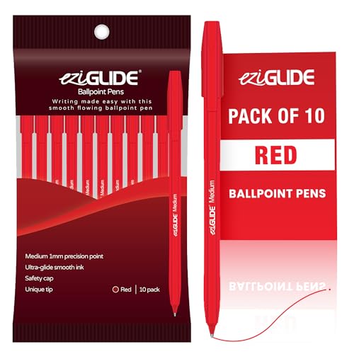 Image of Eziglide 10-Pack Ballpoint Pen Set, Red - Smooth Writing Action-Medium Point 1.0mm, Multipack - Ideal Pens for School, Home or Work Stationery Supplies