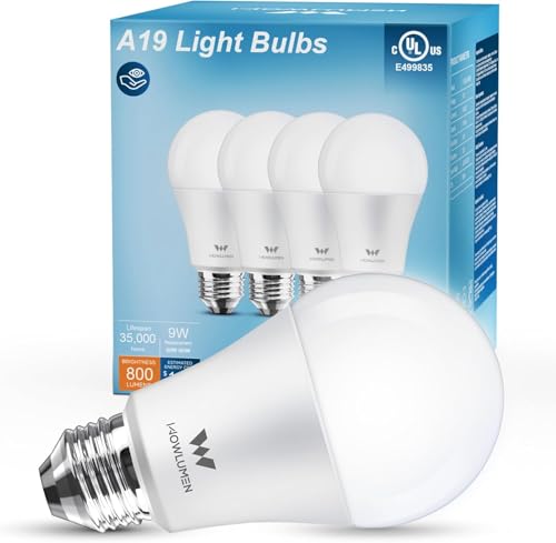 WOWLUMEN A19 LED Light Bulb,9W E26 Light Bulbs(60 Watt/80 Watt Equivalent),2700K Warm White,Non-Dimmable,800LM Standard Base for Bedroom, Kitchen, Living Room, Office,UL Listed,4 Packs