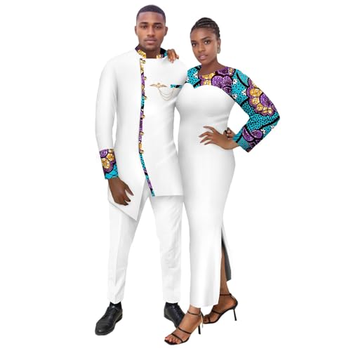 African Couple Outfits Women Patchwork Slim Pencil Dresses Bazin Riche Men's Dashiki Top And Pants Set