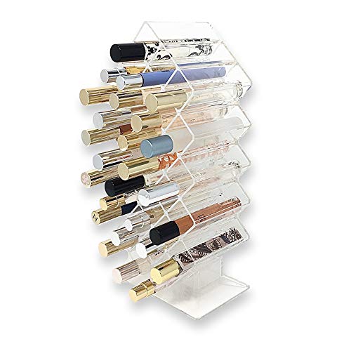 BY ALEGORY Acrylic Rollerball Perfume Makeup Organizer Stand 28 Space Cosmetic Beauty Vanity Storage w/Deep Slots Refillable Container - Clear