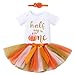 IWEMEK Baby Pumpkin Costume Baby Pumpkin Outfit Girl Toddler Baby Girl 1st Halloween Outfit Cotton Princess Romper Tutu Skirt Flower Headband Clothes Set for Photo Shoot Pumpkin-half 6-9 Months