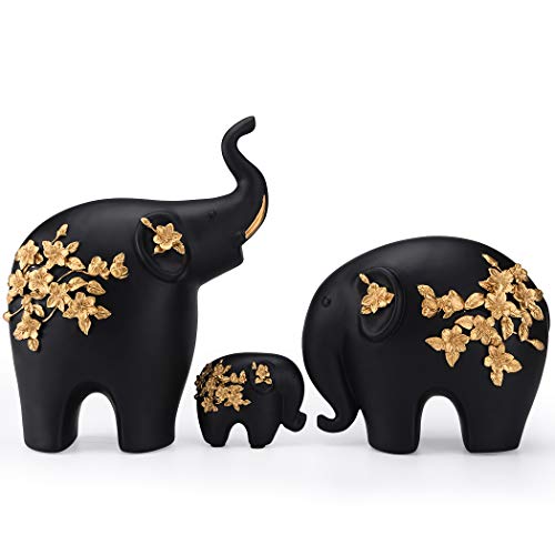 Brasstar Elephants Statue Black Resin Golden Flower Ornament Three Elephant Family Home Office Feng Shui Decor Gift Tqzdpt28 #TOP18